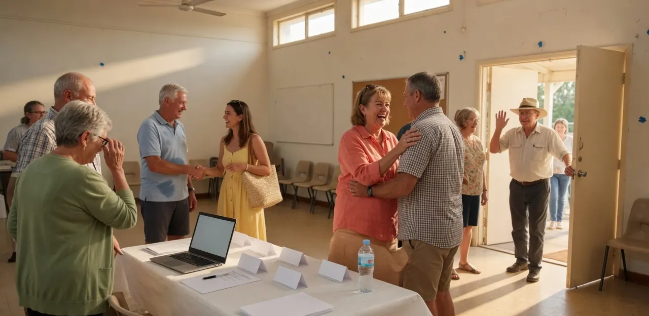 People greeting one another as they arrive at a community hall